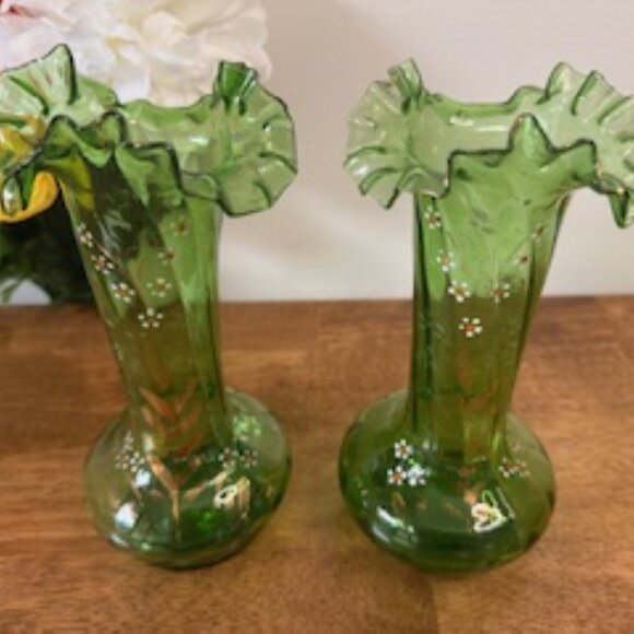 Antique Victorian Green Ruffle Glass Vases Hand Painted Enamel Florals and Gold - Picture 2 of 7